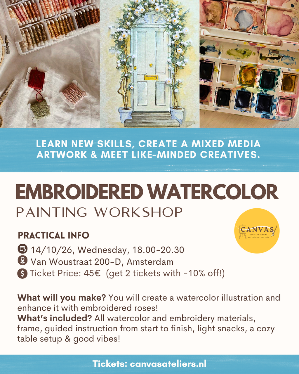 14/10 - Embroidered Roses + Watercolor Painting Workshop (18.00)
