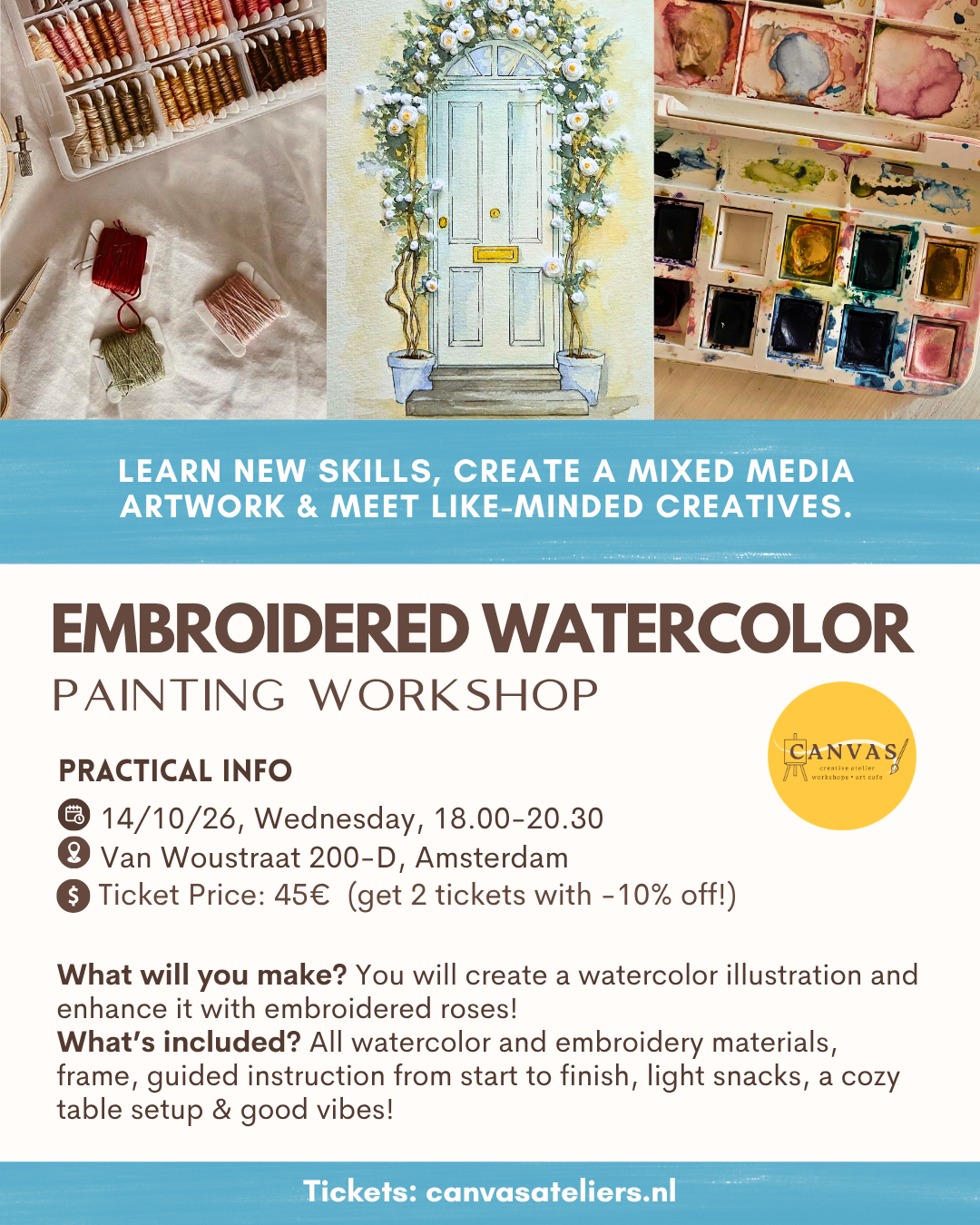 14/10 - Embroidered Roses + Watercolor Painting Workshop (18.00)