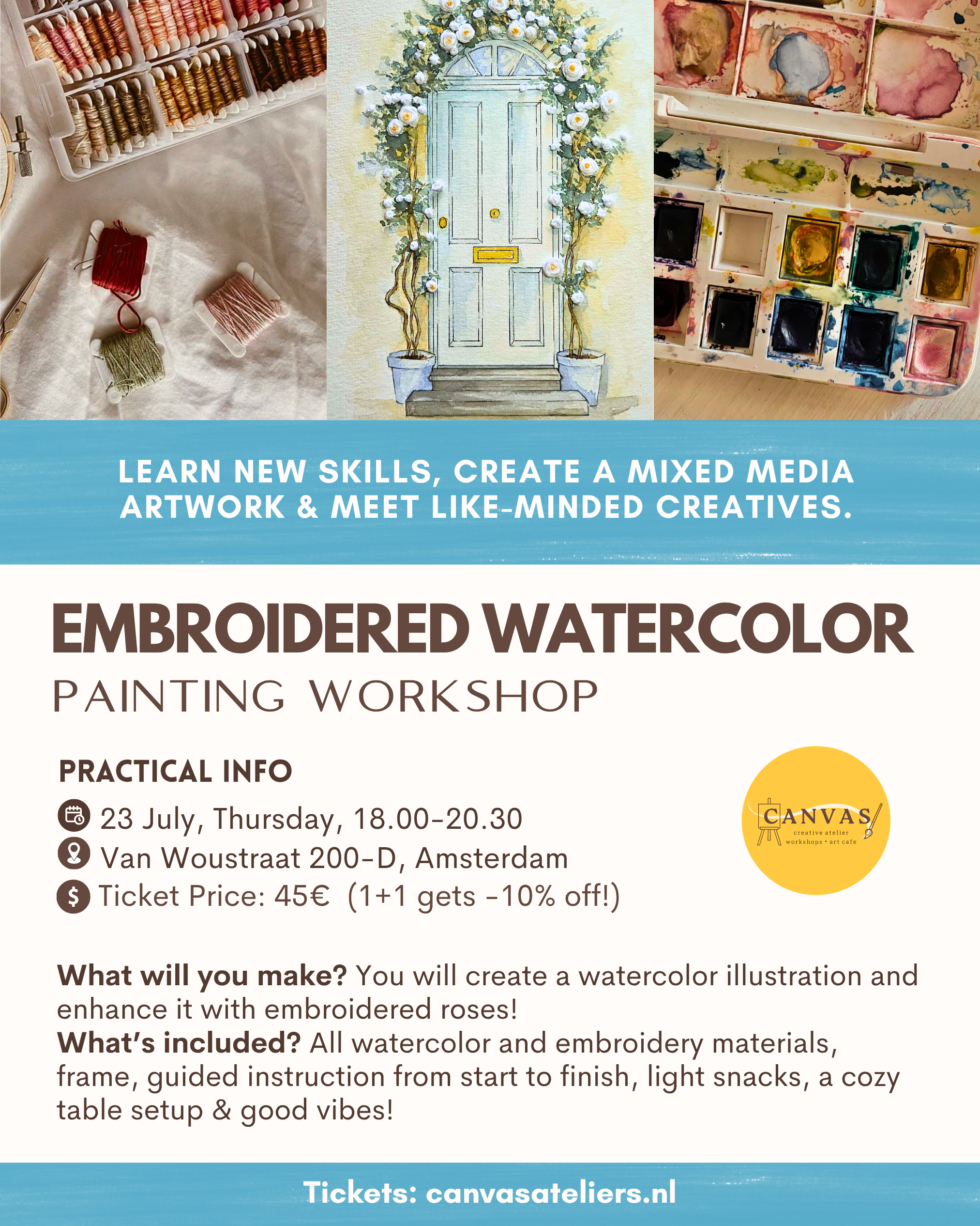 23/07- Embroidered Roses + Watercolor Painting  Workshop